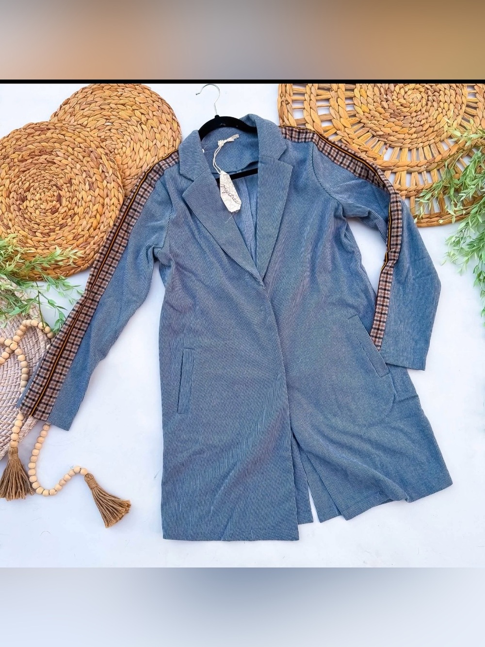 Light Blue Women's Long Blazer Coat with Plaid Trim NWT 💙🎃🧡